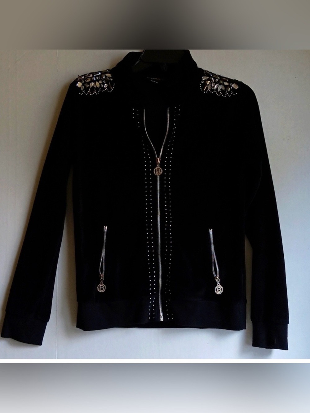 BCBGMaxAzria Velvet Black Jeweled Zip Bomber Jacket